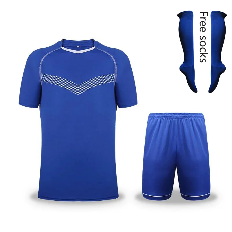 1 sets color Blue Men Sportswear kits football soccer sets short sleeve jersey and shorts and