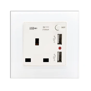 

New Arrival 13A UK Standard Wall Power Socket White Crystal Glass Panel Outlet 2100mA Dual USB Socket Charger Port for Mobile
