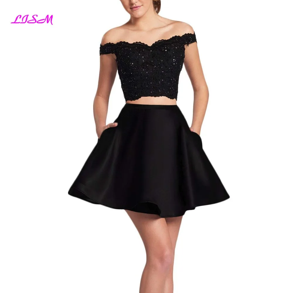 Off Shoulder Beaded 2 Pieces Dresses Appliques Mini Prom