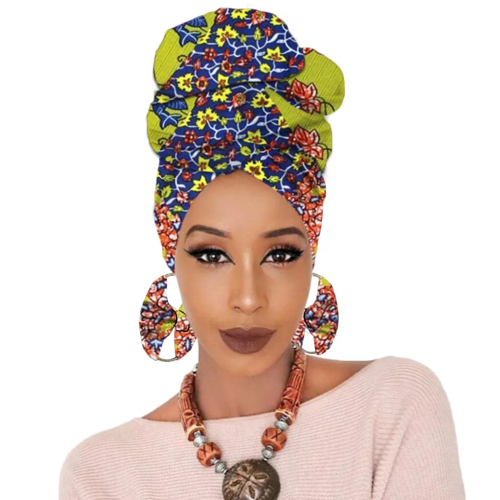 Print turban traditional African headscarf women headtie with earring (11)