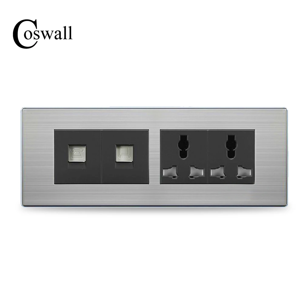 

COSWALL Luxury Universal Power Double Wall Socket With Telephone Outlet + RJ45 Internet Port Stainless Steel Panel 197*72mm
