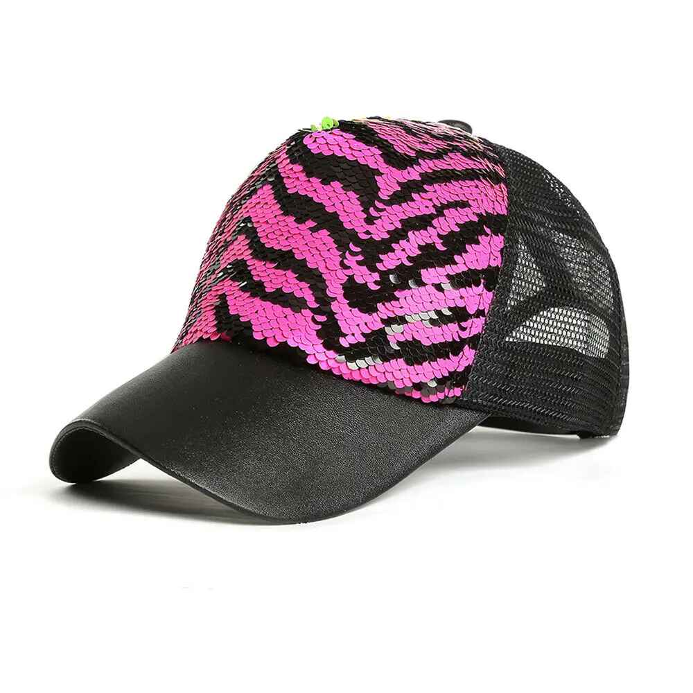 Розовый Женская мода Zebra-Striped Sequins летние бейсболки дышащая блестящая бейсболка женская бейсболка Шляпы на открытом воздухе Регулируемая - Цвет: Розовый