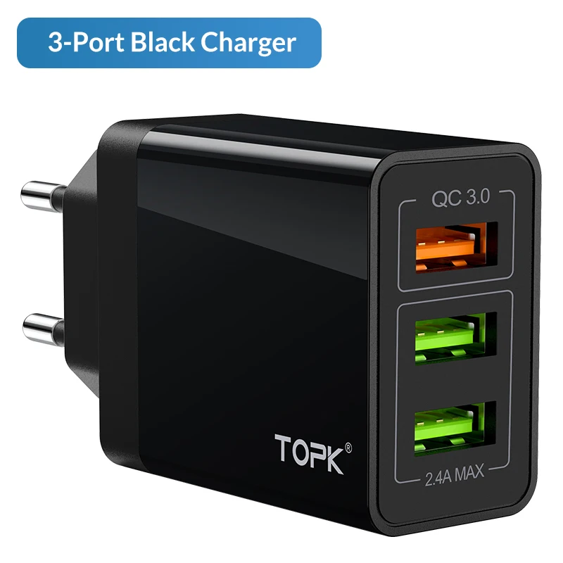 TOPK 18 Вт Быстрая зарядка 3,0 быстрое USB зарядное устройство для iPhone, Samsung, Xiaomi, huawei, дорожное настенное зарядное устройство для мобильного телефона с европейской вилкой - Тип штекера: 3 Port 3A Black