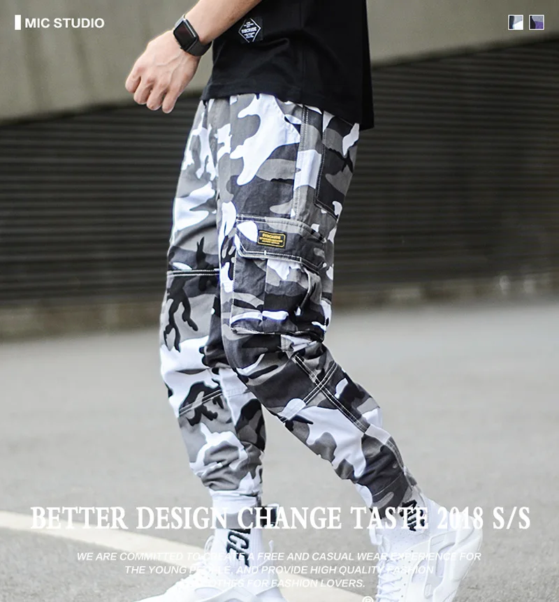 Модные камуфляжные Мужские штаны для бега в стиле панк, Молодежные уличные джинсы в стиле хип-хоп, мужские брюки-карго с большими карманами, шаровары для мужчин