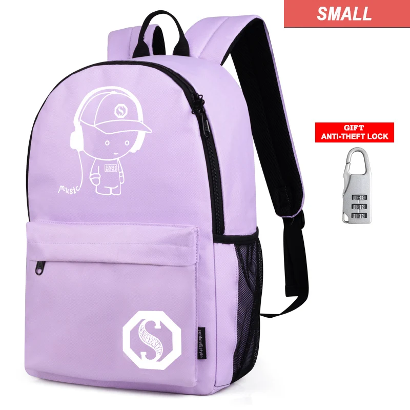 Модный светящийся школьный рюкзак с аниме, мужской рюкзак с защитой от кражи, школьная сумка с мультяшным рисунком для подростков, мальчиков и девочек, дорожная сумка - Цвет: Small Music kid 1p