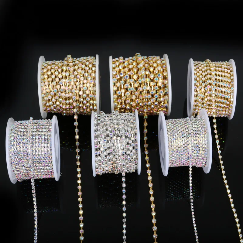 

New Arrival! Rhinestone Chain White AB SS6 SS10 SS12 Silver/Gold Color Chain DIY Craft Apparel Sew On Jewelry Accessory