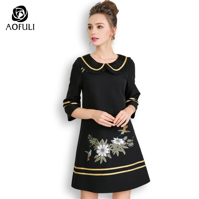 

AOFULI Plus Size Embroidery Women Dress Spring Autumn Half Sleeve A-line Bird Flowers Pattern Black Dress L- XXXL 4XL 5XL A3668
