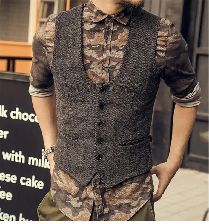 

2019 Brown Men's Casual Herringbone pattern suit Vest Wool/Tweed Suit Vest Slim Fit U-neck Waistcoat Groomsmen For Wedding