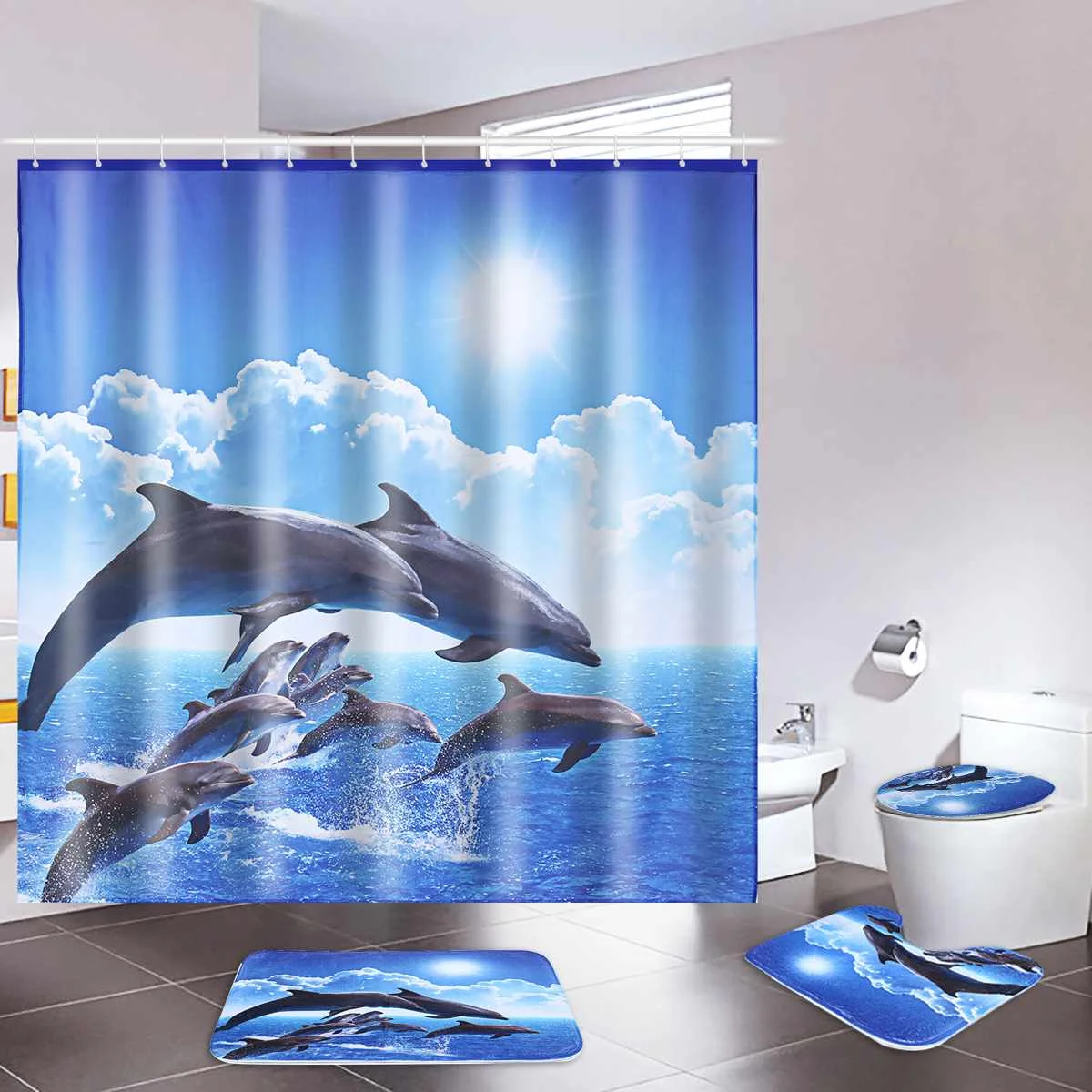 Billig Dolphins Springen Dusche Vorhänge Badezimmer Wasserdicht Polyester Bad Pad Sockel Teppich Deckel Wc Abdeckung Ozean Print Art Decor