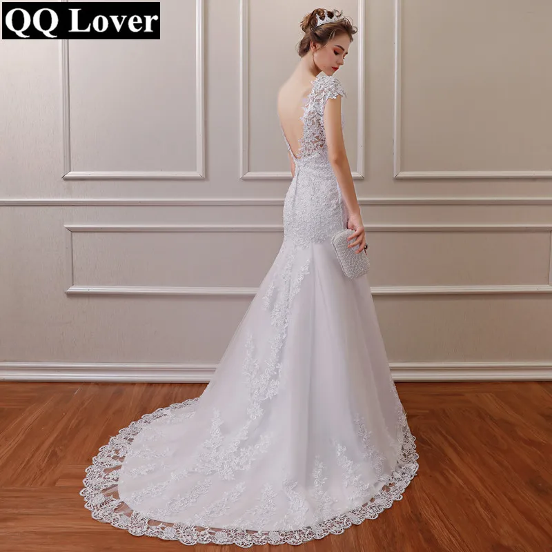 Günstige Vestido De Noiva Weiß Backless Spitze Meerjungfrau Hochzeit Kleider 2020 V ausschnitt Kurzarm Hochzeit Kleid Braut Kleid Robe de mariage