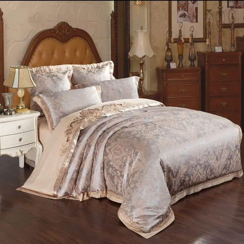 4 6pcs Brown Jacquard Satin Bedding Bedclothes Set King Embroidery 4 6pcs Brown Jacquard Satin Bedding Bedclothes Set King Embroidery Duvet Cover Queen Silk Cotton Bed Sheet Linen Home Textile In Sets From