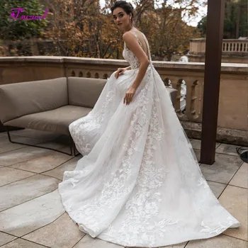 

Fsuzwel Romantic Scoop Neck Appliques Lace A-Line Wedding Dresses 2020 Luxury Pearls Sashes Vintage Bridal Gown Vestido de Noiva