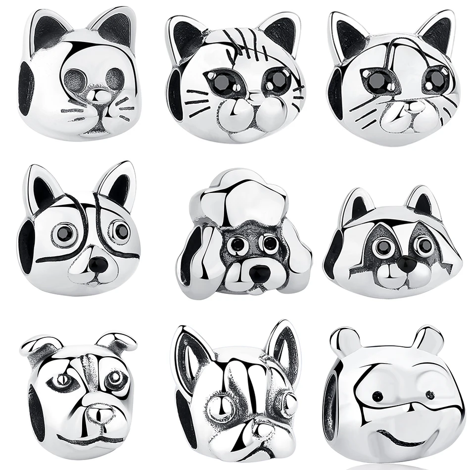 

Genuine 925 Sterling Silver Bead Black Crystal Animal Pet Cat Dog Charm Fit Original Pandora Charm Bracelet DIY Jewelry Making