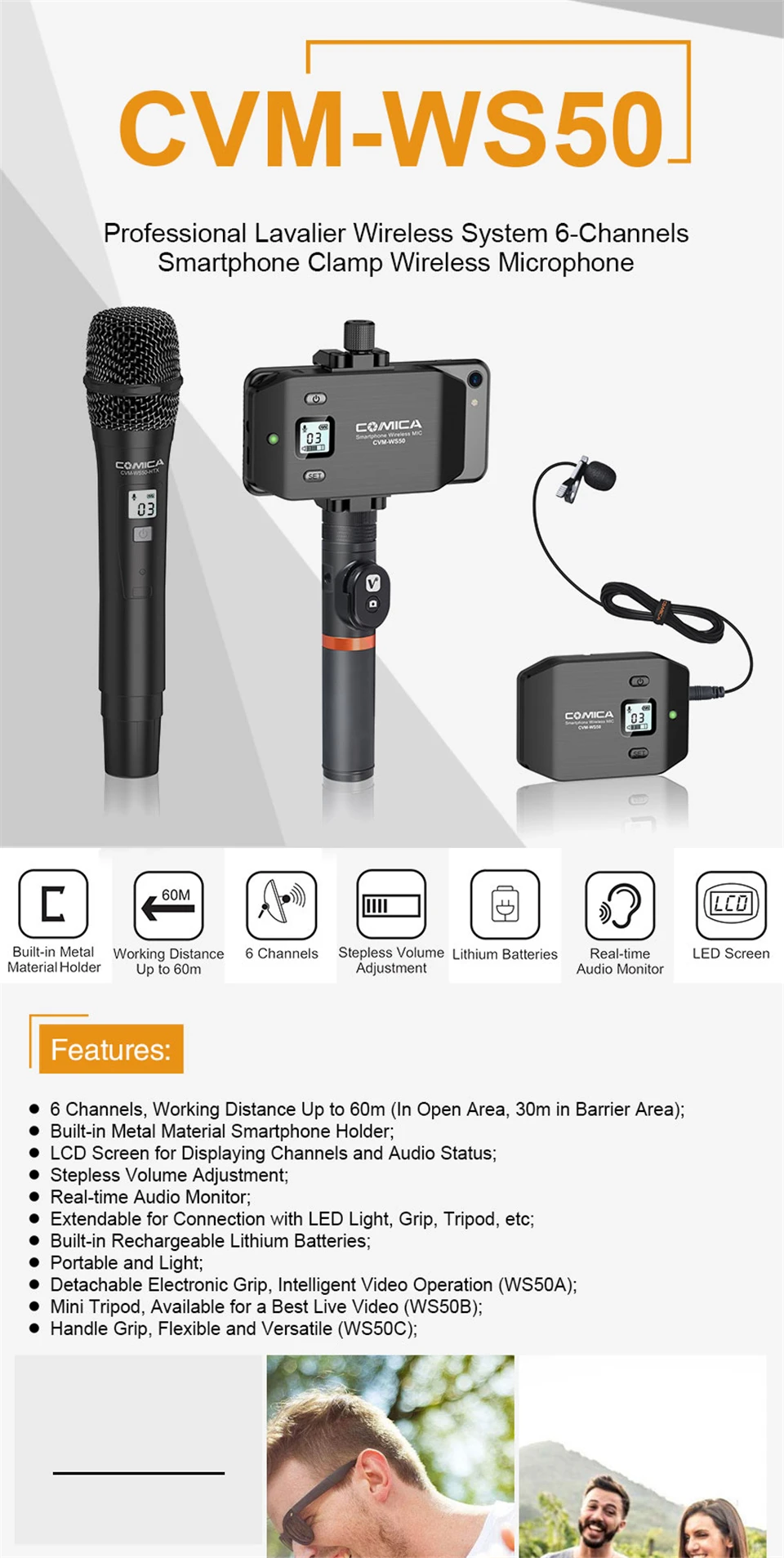Comica CVM-WS50 беспроводной ручной микрофон UHF 6 каналов беспроводной петличный микрофон системы портативный смартфон микрофон