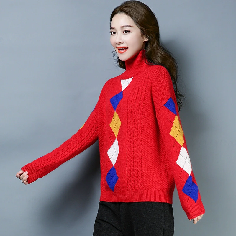 2019 Autumn Winter Diamond Wool Pullovers Sweaters Women Elegant Knitted Turtleneck Long Sleeve Black Sweater Female Knitwear