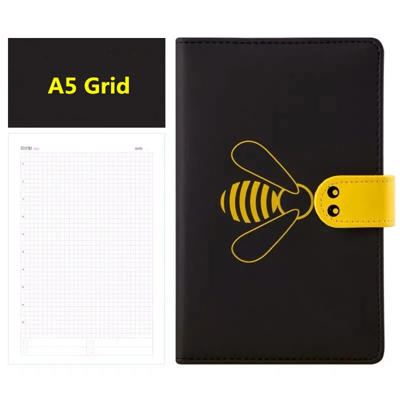 A5 Grid Black A5 A6, записная книжка из искусственной кожи Kawaii, креативный бизнес-блокнот с Пчелой и журналами, сетчатая линия, пустой дневник, еженедельный ежемесячный блокнот ежедневник - Цвет: A5 Grid Black