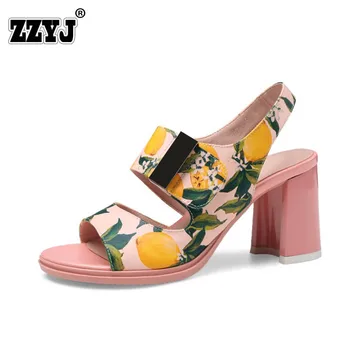 ZZYJ 2017 Brand Summer 3d Printing Flowers Women Shoes Genuine Leather Sandals Thick with High heels White Pink Fish mouth shoes