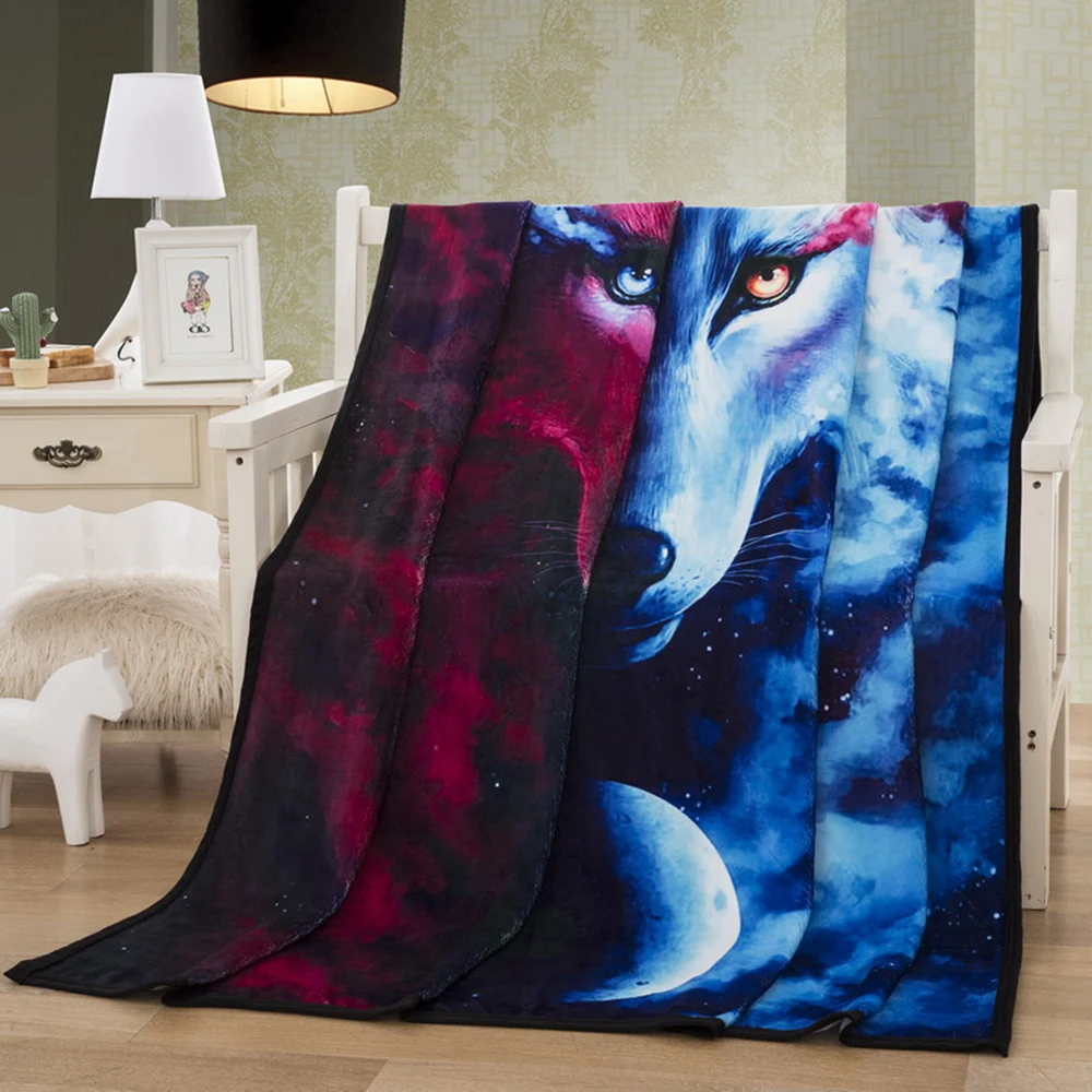 

Wolf Theme Blanket Teens 3D Blue/Red Wolf Crying Tears Printed Twikkle Stars Boys Fleece Blanket Black Sherpa Blanket 150x200cm