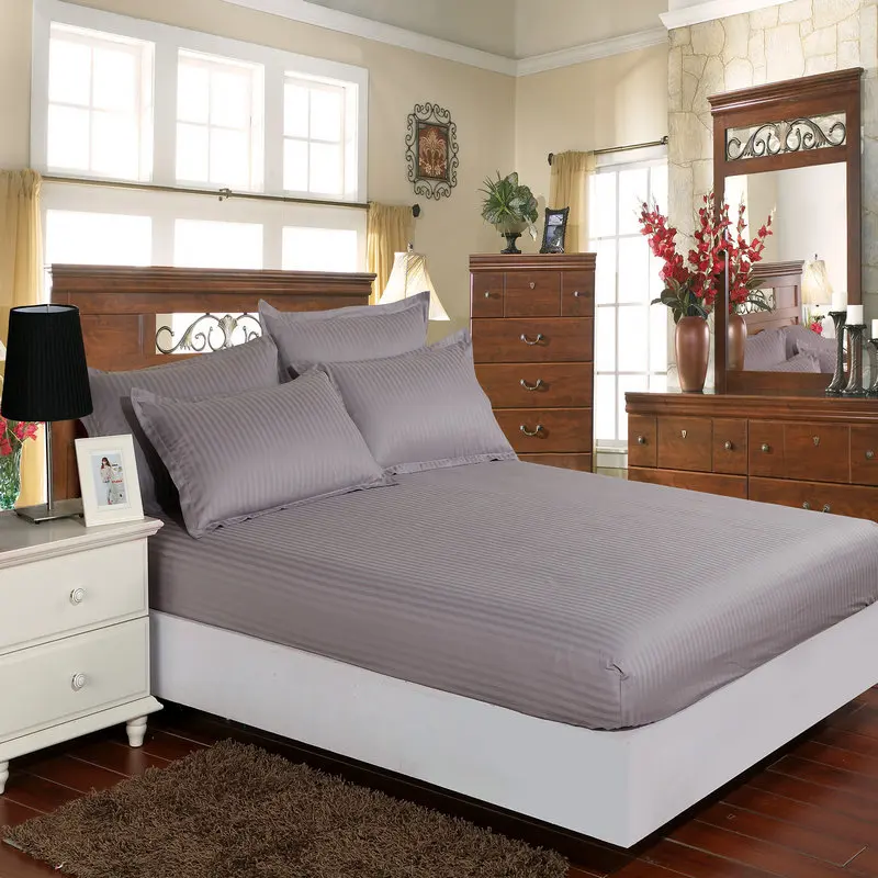 Hotel 100% Cotton Satin Fitted Bed sheet Stripe Mattress Cover Four Corners With Elastic Band 12 Colors 2