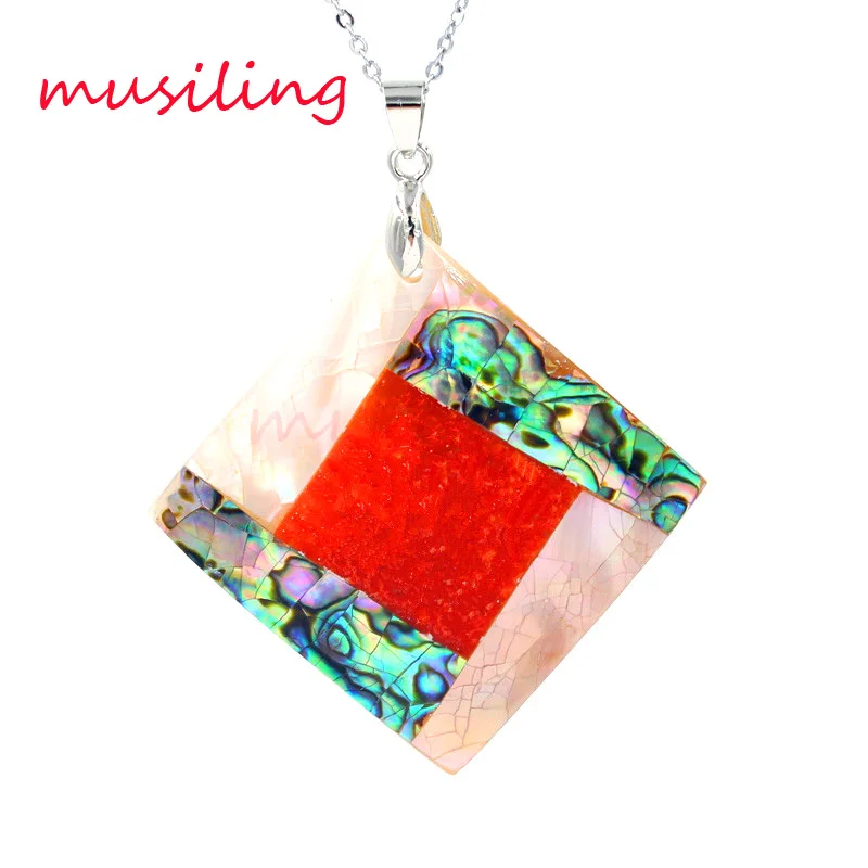 

Geometric Natural Abalone Shell Huang Bei Red Coral Splicing Necklace Pendants Pendulum Accessories European Charms Jewelry 1pcs