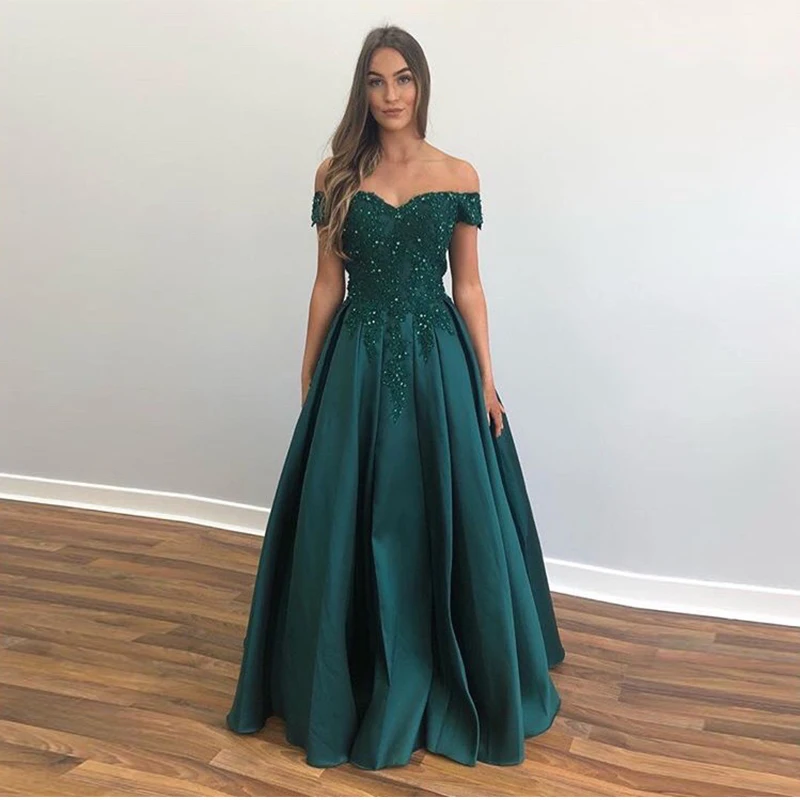 dark green off shoulder gown