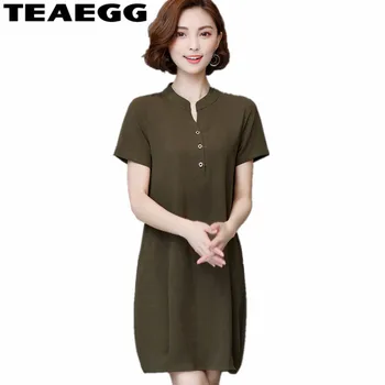 

TEAEGG Loose Summer Dress Casual Army Green V-neck Ladies Dresses Large Sizes Robe Femme 2020 Plus Size 5XL Womens ClothingAL997