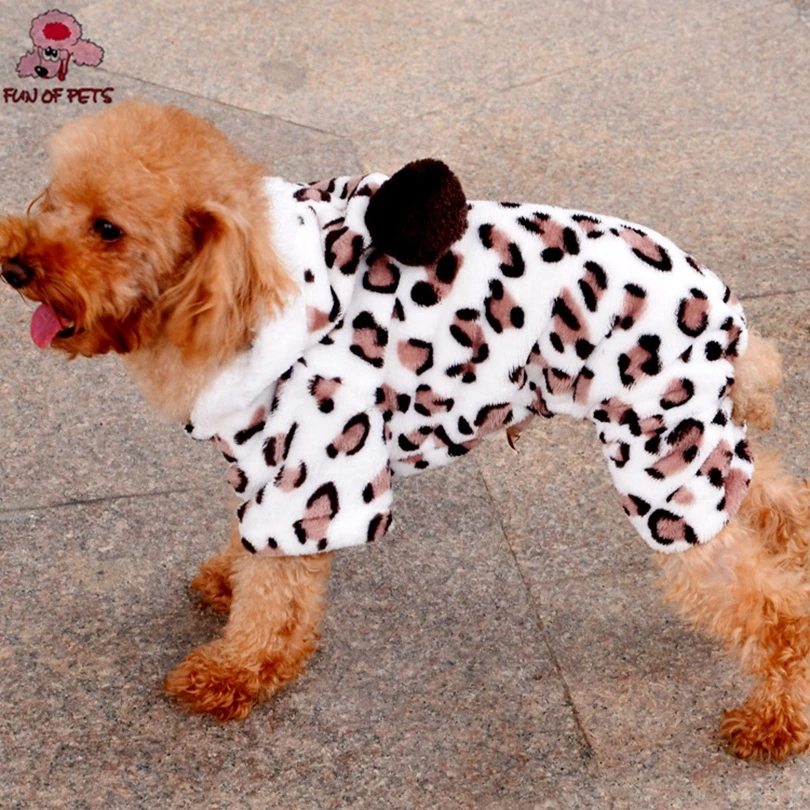 Newly Design Warm Soft Leopard Pattern Fleece Jumpsuit with Hoodie Dog Clothes for Pet Dogsin