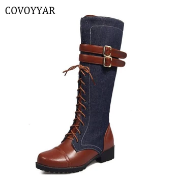 

COVOYYAR 2019 Double Buckle Women Knee High Boots Lace Up Denim Ladies Riding Boots Winter Jean Women's Shoes WBS375