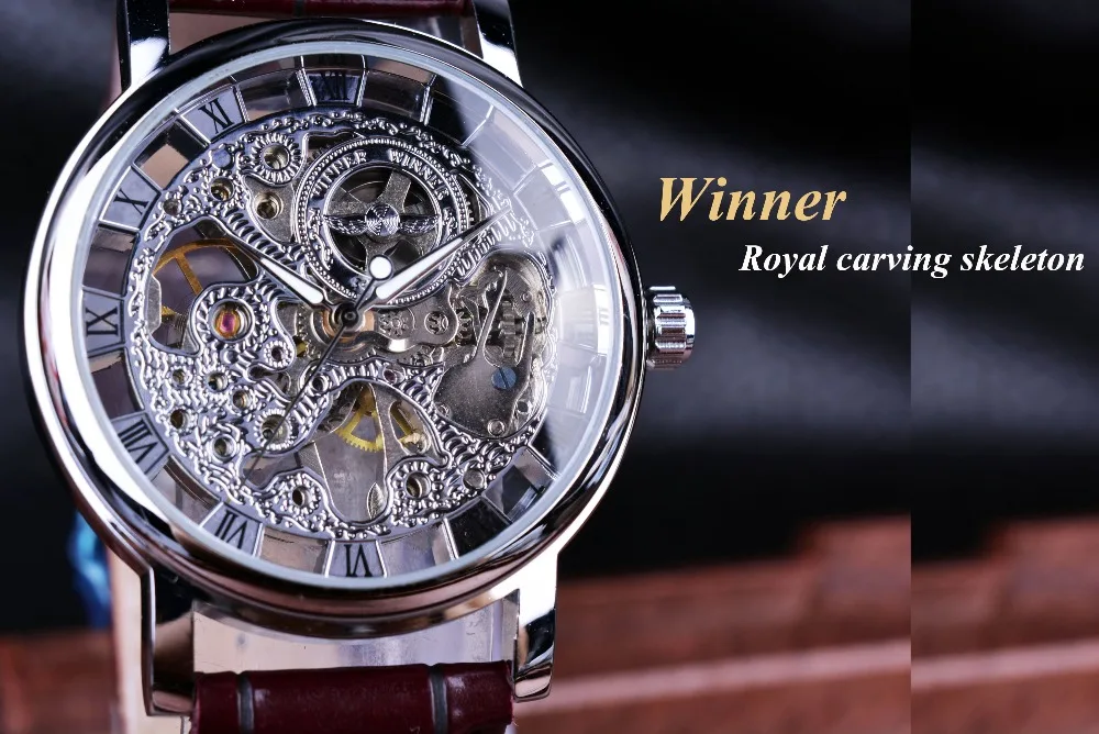 Winner Royal Carving Skeleton Brown Leather Strap Silver Case Transparent Case Men Watch Top Brand Luxury Mechanical Watch Clock