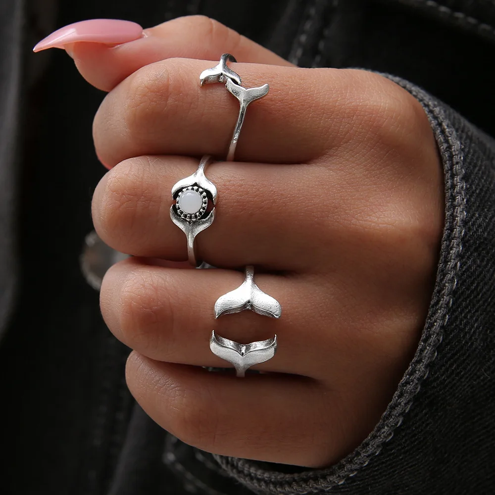 

New Fashion simple accessories vintage Bohemia whale tail Gem 3 pieces set of finger open rings for women party Jewelry gift
