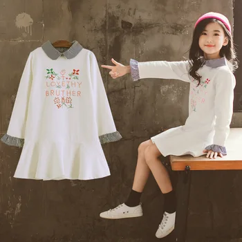 

Girls Dresses 4-12 Y Spring Autumn Peter Pan Collar Mini Tee Dresses Cute Ruffle Cuffs Letters Pattern Loose Fit Blouses Dresses