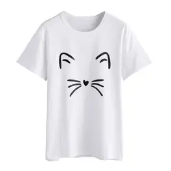 Женская футболка с коротким рукавом и принтом кота, летние женские повседневные топы, женская простая блузка с круглым вырезом, Blusas De Manga Curta