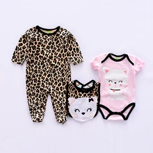 Комплект одежды для малышей, Милый хлопковый костюм для маленьких девочек с животными, костюм для новорожденных, 3 предмета, комбинезон с длинными рукавами для младенцев+ боди+ нагрудник