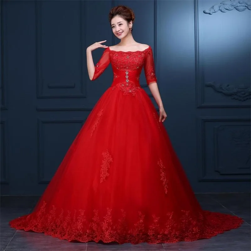 

Gorgeous Wedding Dresses Elegant Red Bridal Gown with Half Sleeve Brand New White/Ivory Ball Gown Lace Up Back Formal Dress