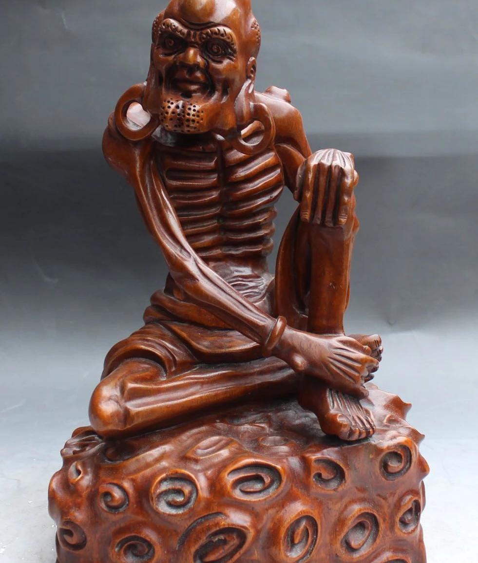 

14" Chinese Huang hua Limu wood Seat Arhat Damo Bodhidharma Dharma Buddha Statue