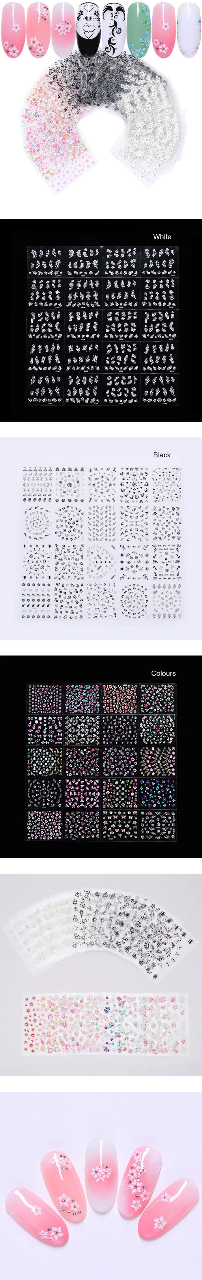1 лист цвет красочные 3D наклейки для ногтей Белый Черный смешанные цвета цветы узоры клей переводные наклейки для ногтей украшения