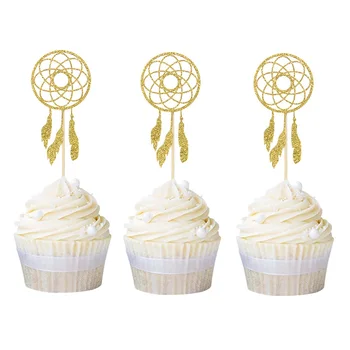 

12pcs Gold Silver Dreamcatcher Cupcake Topper Bohemian Style Birthday Wedding Party Cake Decoration Baby Shower Christening