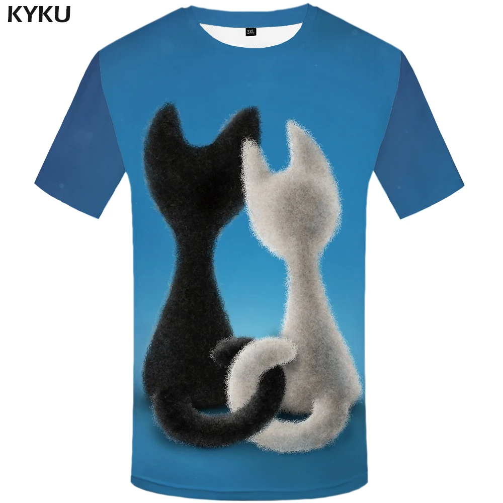 

KYKU Animal Tshirt Men Blue Cat T Shirt Punk Rock Clothes Love Black And White 3d T-shirt Print Hip Hop Mens Clothing Streetwear
