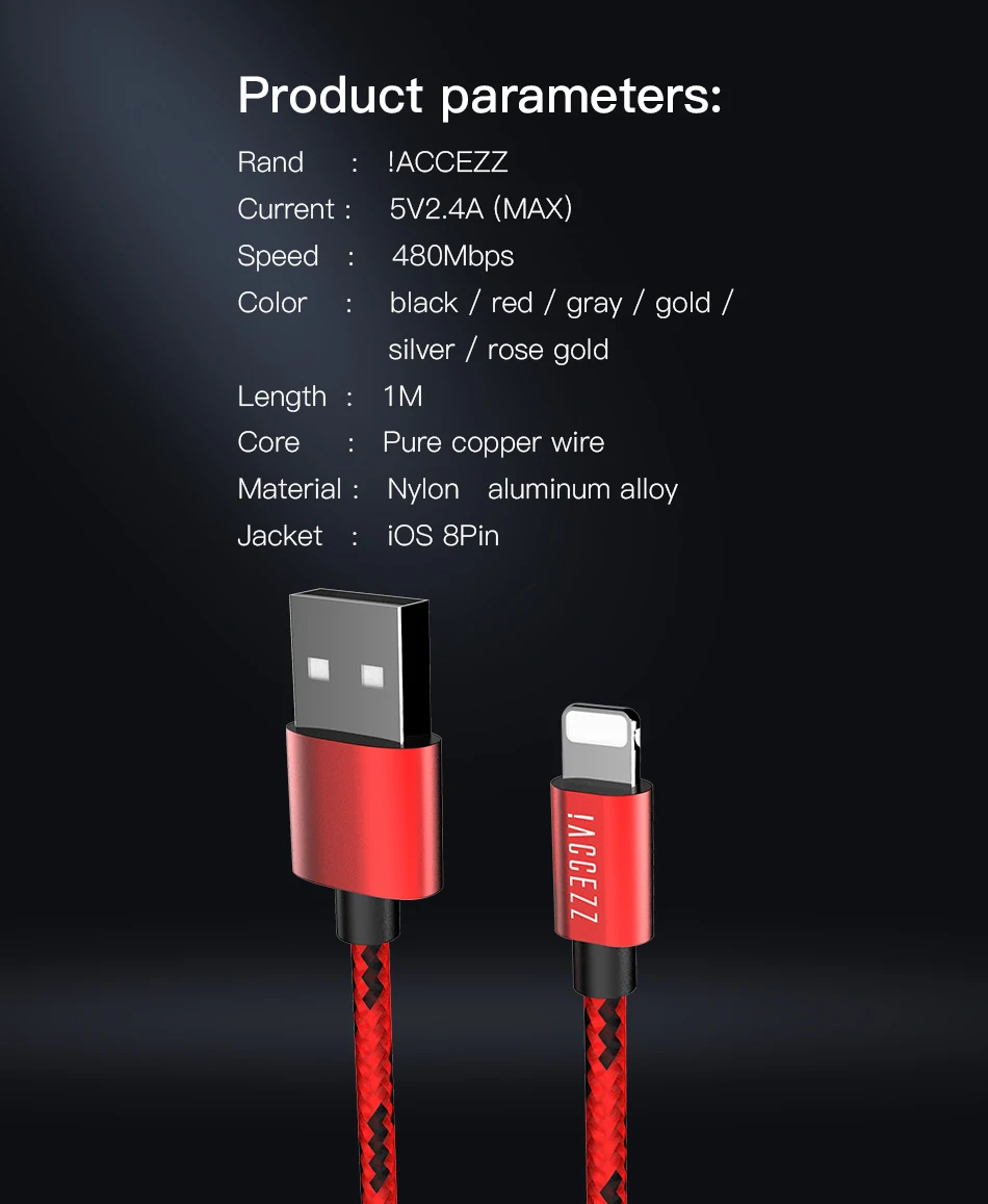 !ACCEZZ 2.4A USB Cable For iphone X XS MAX XR Support Data Transmission Phone Nylon Charging Cord 1M For iphone 8 7 6 5 Plus SE (3)