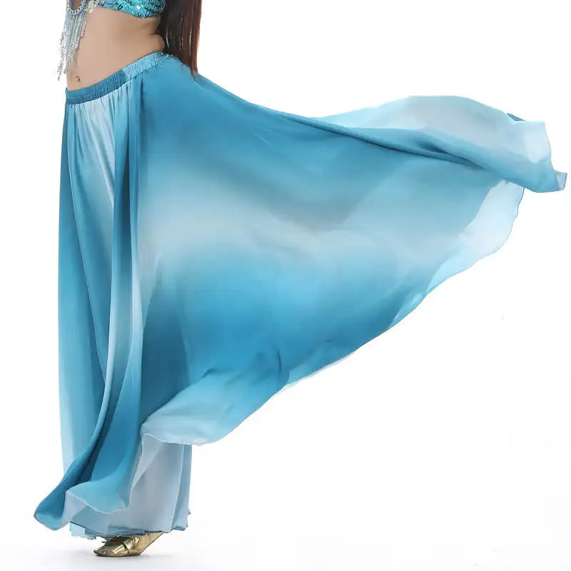 Одежда для танцев с цветным градиентом одежда для танца живота длинные юбки полный круг Профессиональный танец живота атласная юбка 300 градусов - Цвет: Turquoise