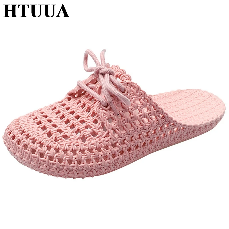 

HTUUA Summer Hollow Weaving Lace-Up Women Slippers Flat Slides Outside Beach Flip Flops Indoor Home Shoes Woman Sandals SX2329