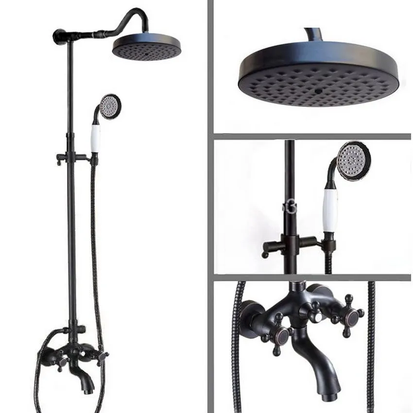 

Oil Rubbed Antique Bronze Wall Mounted Cross Head Handles Bathroom Rain Shower Hand Shower Tub Mixer Tap Faucet Set ars757