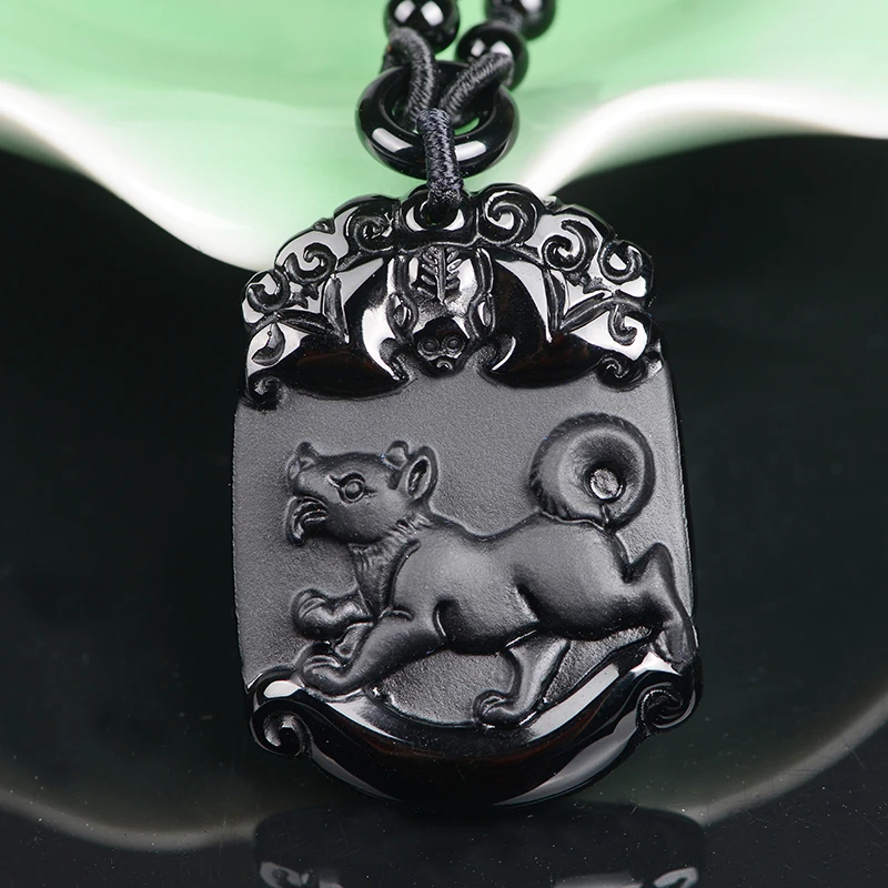 

Twelve zodiac dog natural Obsidian Pendant Necklace 12 black Fupai loyal dog dog Pendant