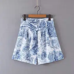 Летние Шорты женские повседневные шорты с высокой талией Синяя Женская одежда 2019 печать на шнуровке шорты