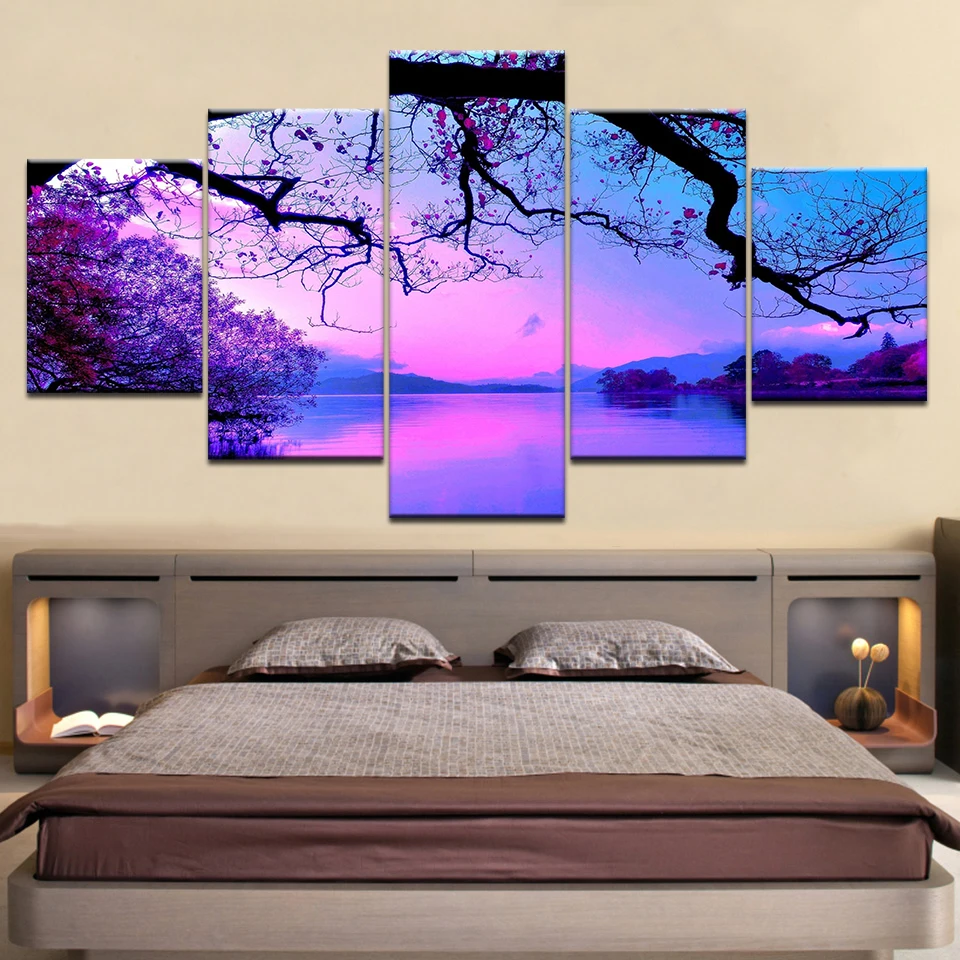Canvas Wall Art Paintings Living Room Home Decor Framework 5 Pieces Purple Sunset Trees Lake Landscape Pictures HD Prints Poster | Дом и сад