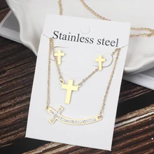 Женские комплекты ювелирных изделий из нержавеющей стали с бесконечной любовью, золотые металлические стразы, ожерелье с крестом, серьги, модные ювелирные изделия