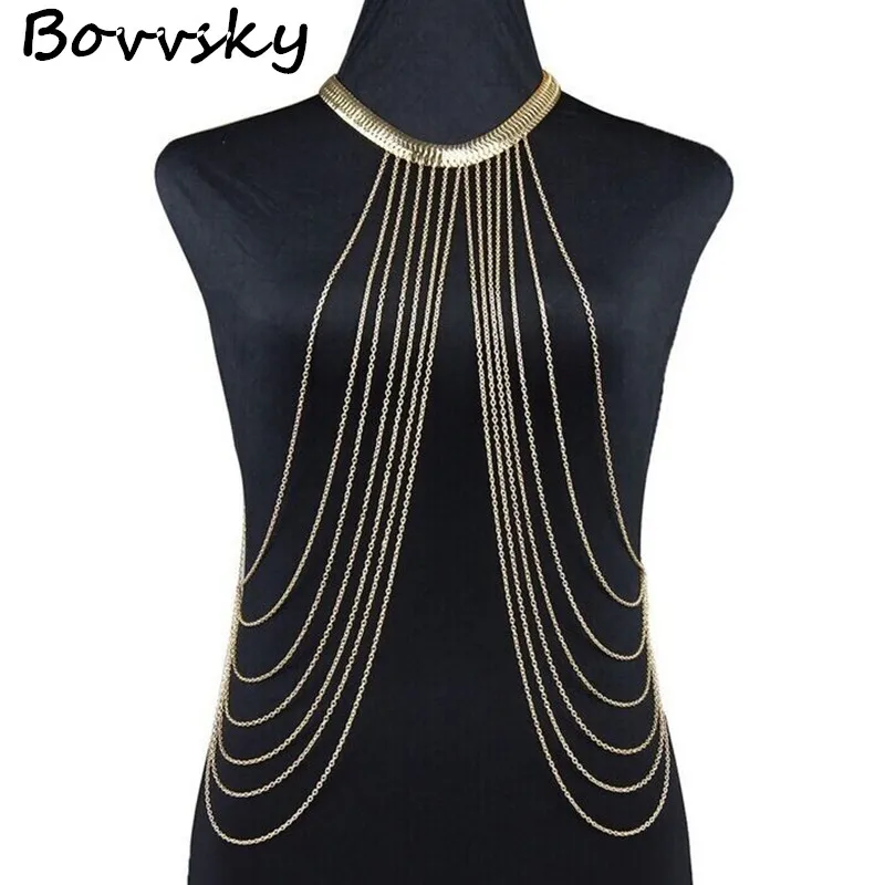 

Bovvsky Fashion Jewelry Elegant Multi-layers Gold color chain metal Color Tasse Long Necklace For Women