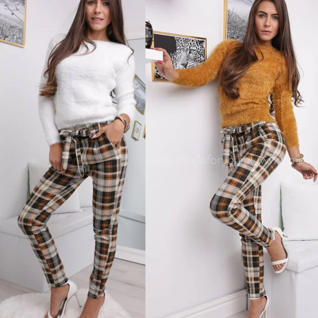Women High Waist Casual Trousers Check 