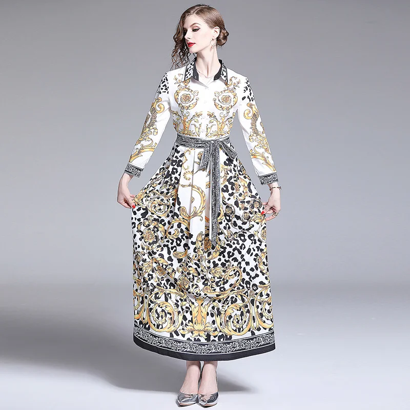 

HAMALIEL New Arrival High Quality Ball Gown Women Dress Summer Turn Down Collar Printed Bowknot Holiday Long Party Shirt Vestido