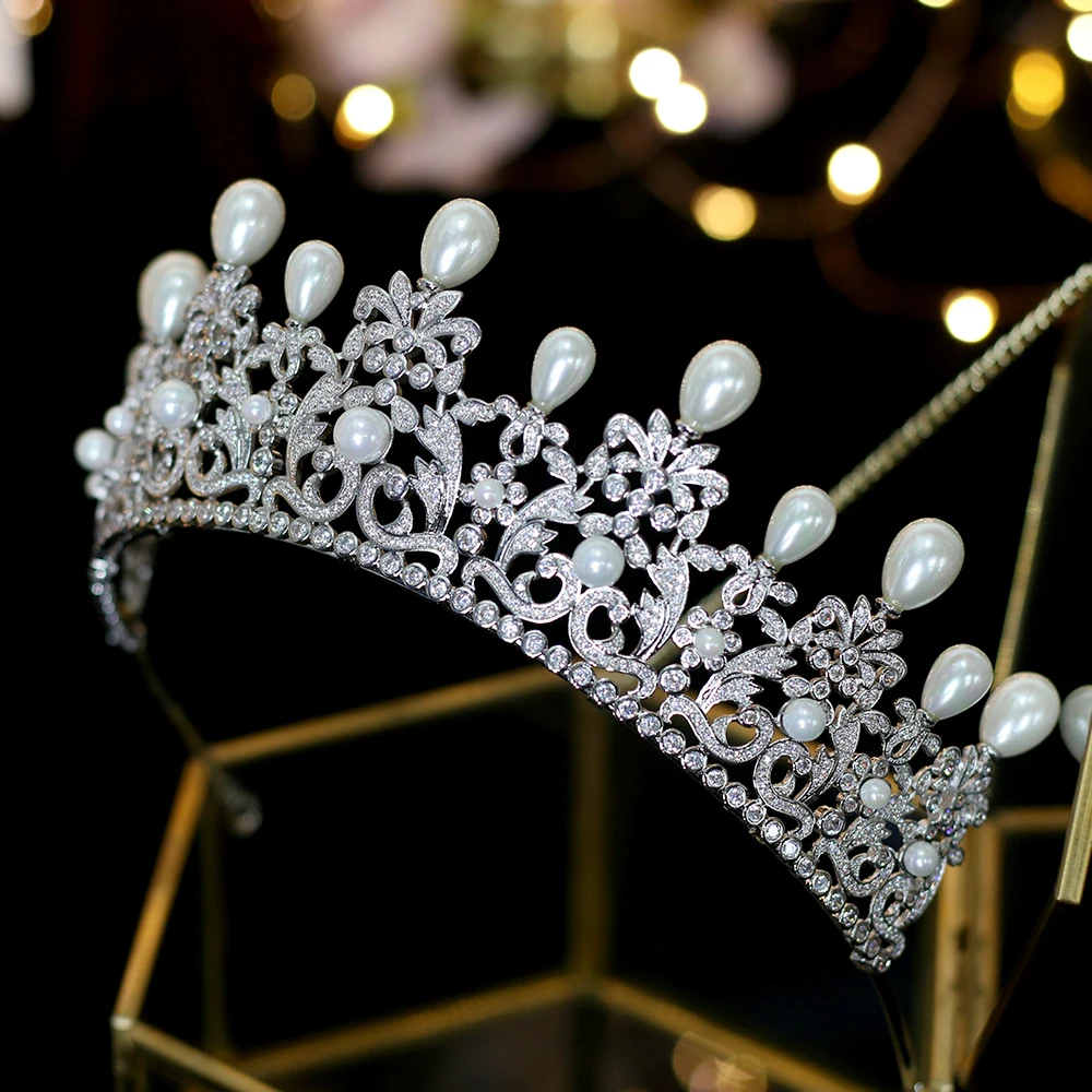 Europa Nueva Alta Calidad Zirconia Nupcial Tiara Perla Corona Boda Accessori Novia Accessori Para El Cabello
